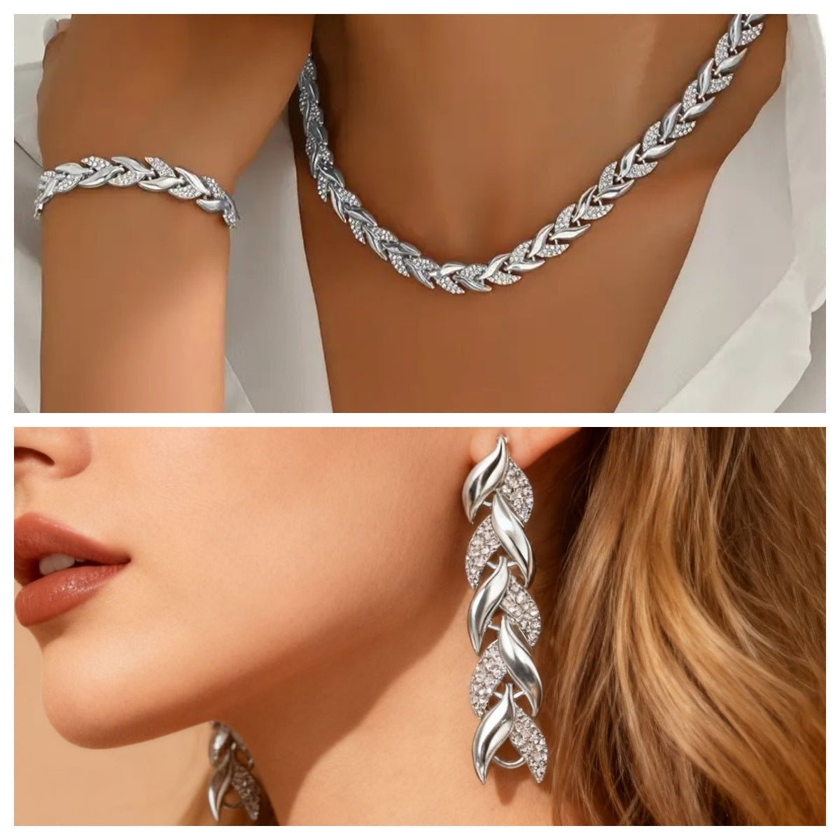 2PCS Glass Leaf Necklace Set Elegant Rhinestone Chain Necklace Bracelet For Women Fashion Luxury Jewelry Set - 7