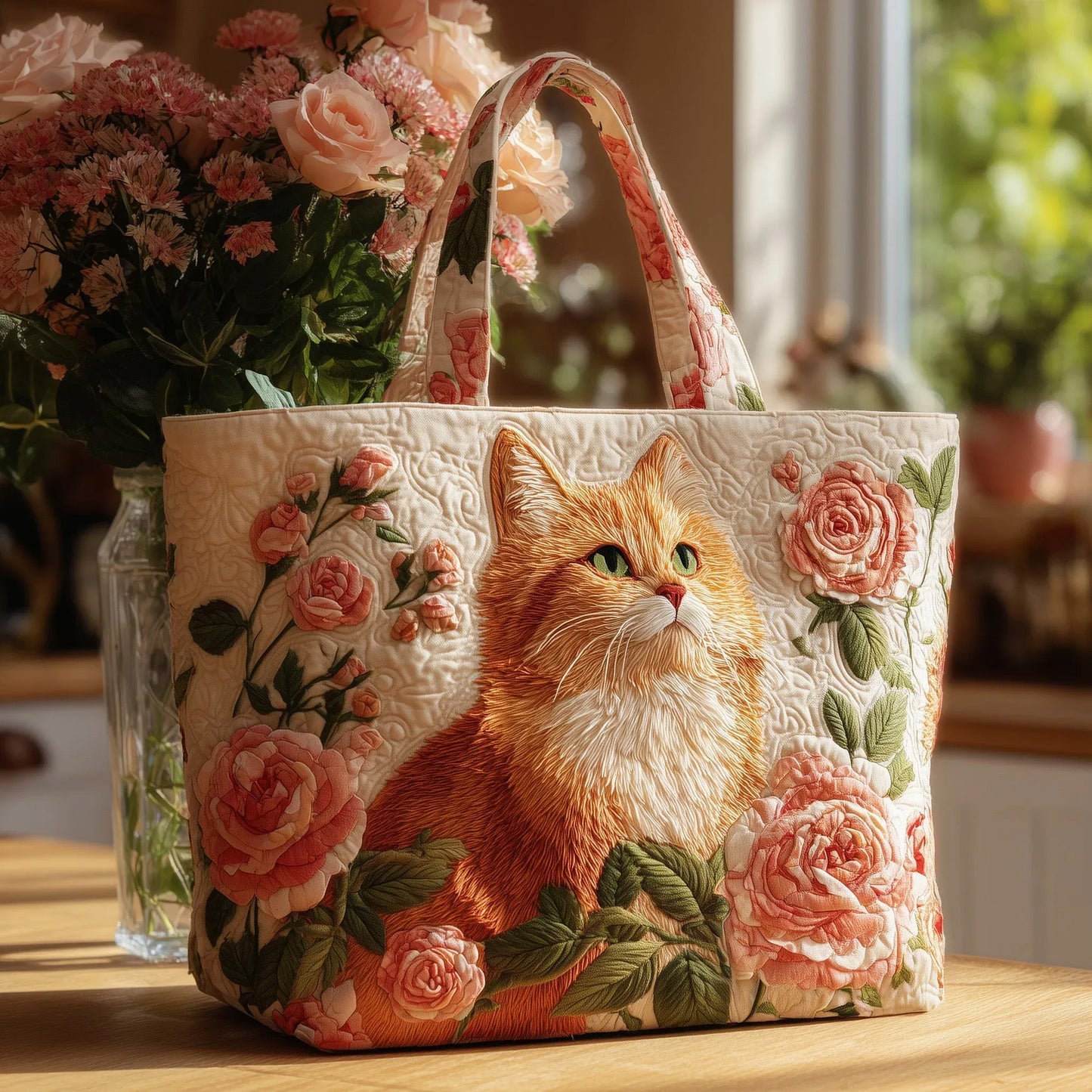 Cute Kittens and Flowers Handmade Tote Bag