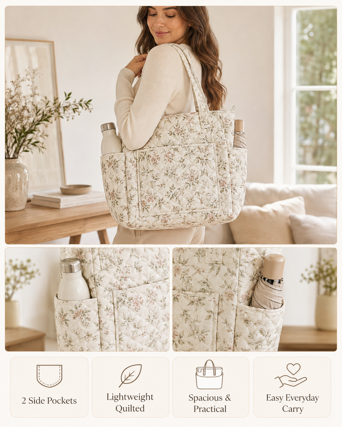 Vibrant Sunflower Multiple Pockets Quilted Tote Bag
