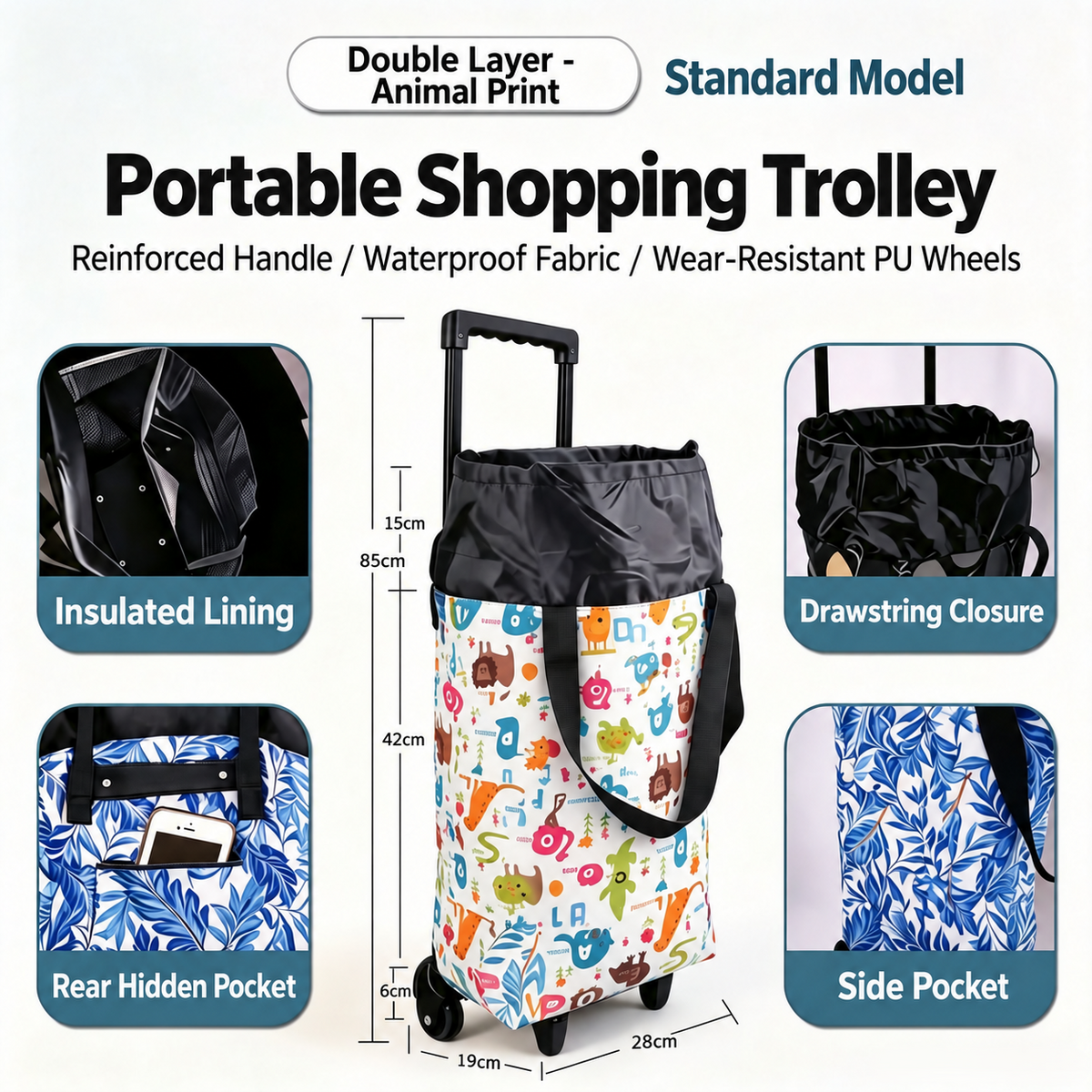2-in-1 Folding Oxford Shopping Cart with 360° Swivel Wheels