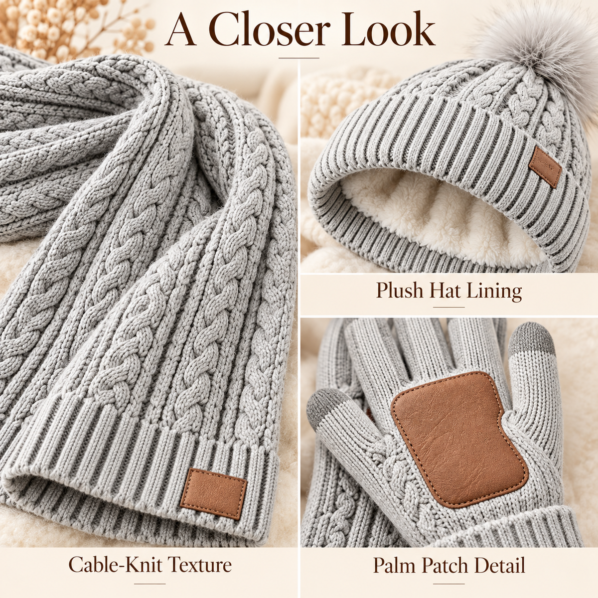 3 in 1 Winter Warmer Beanie Fleece Lined Knit Hat Scarf Gloves Gift Set