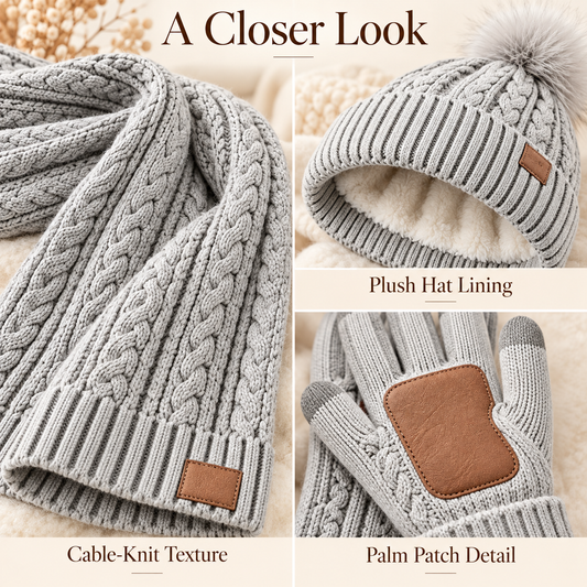 3 in 1 Winter Warmer Beanie Fleece Lined Knit Hat Scarf Gloves Gift Set