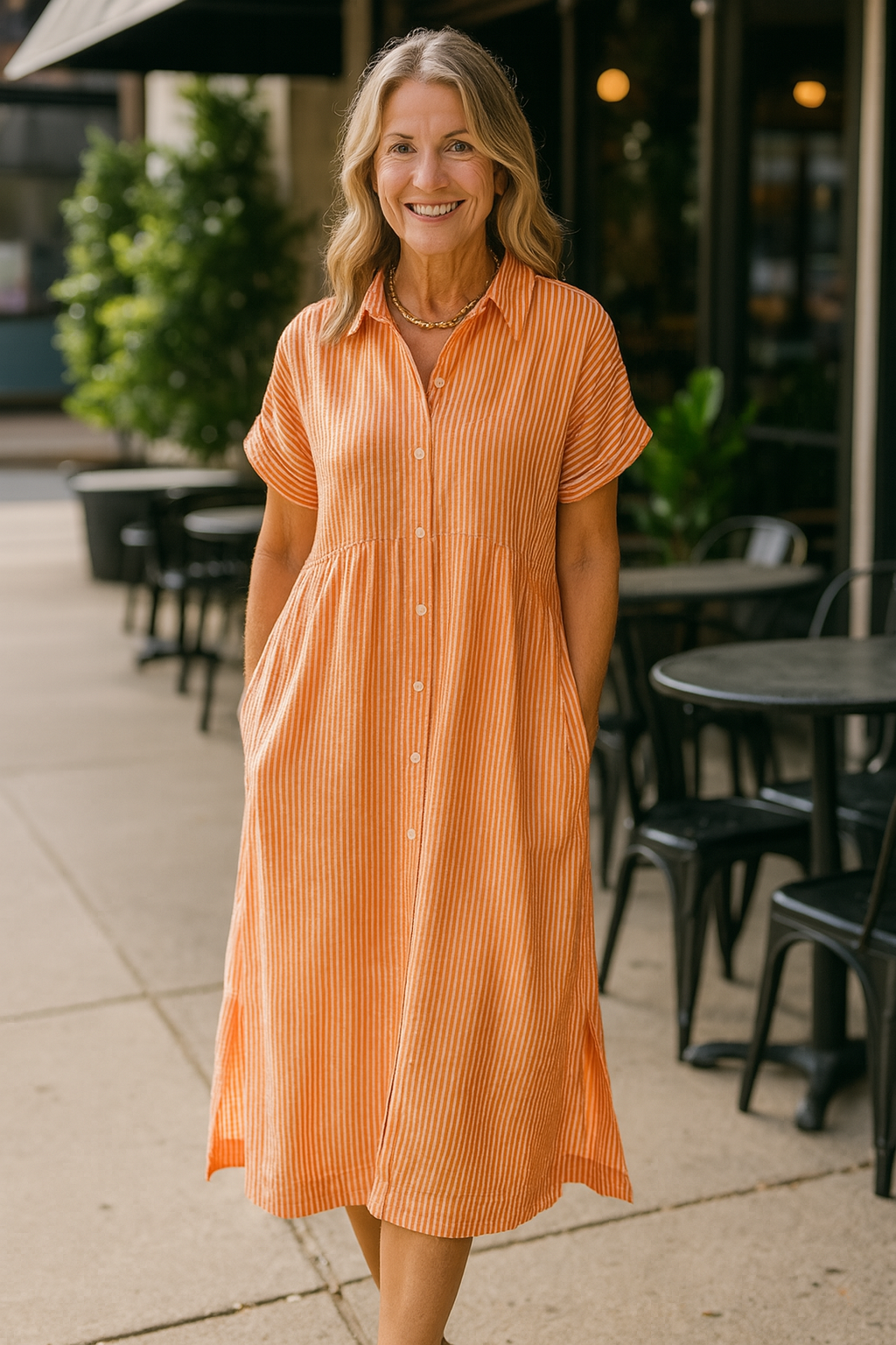 Women’s Striped Button-Down Midi Shirt Dress