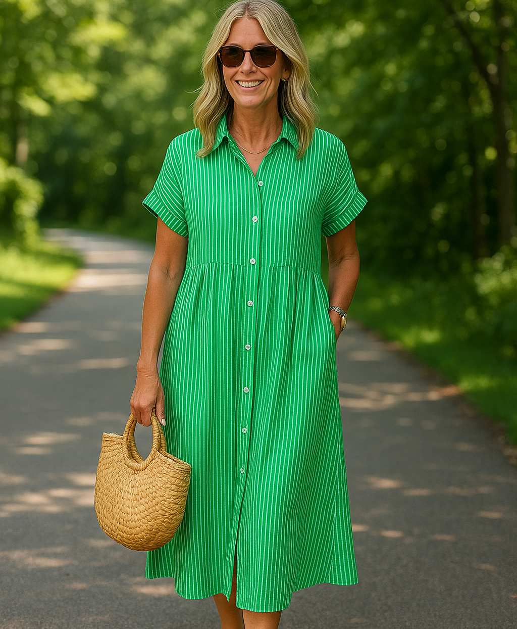 Women’s Striped Button-Down Midi Shirt Dress