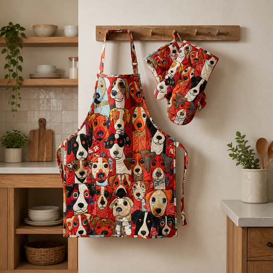 Love Dogs Quilted Apron Set (2-Piece) – Padded Apron + Heat-Resistant Oven Mitts
