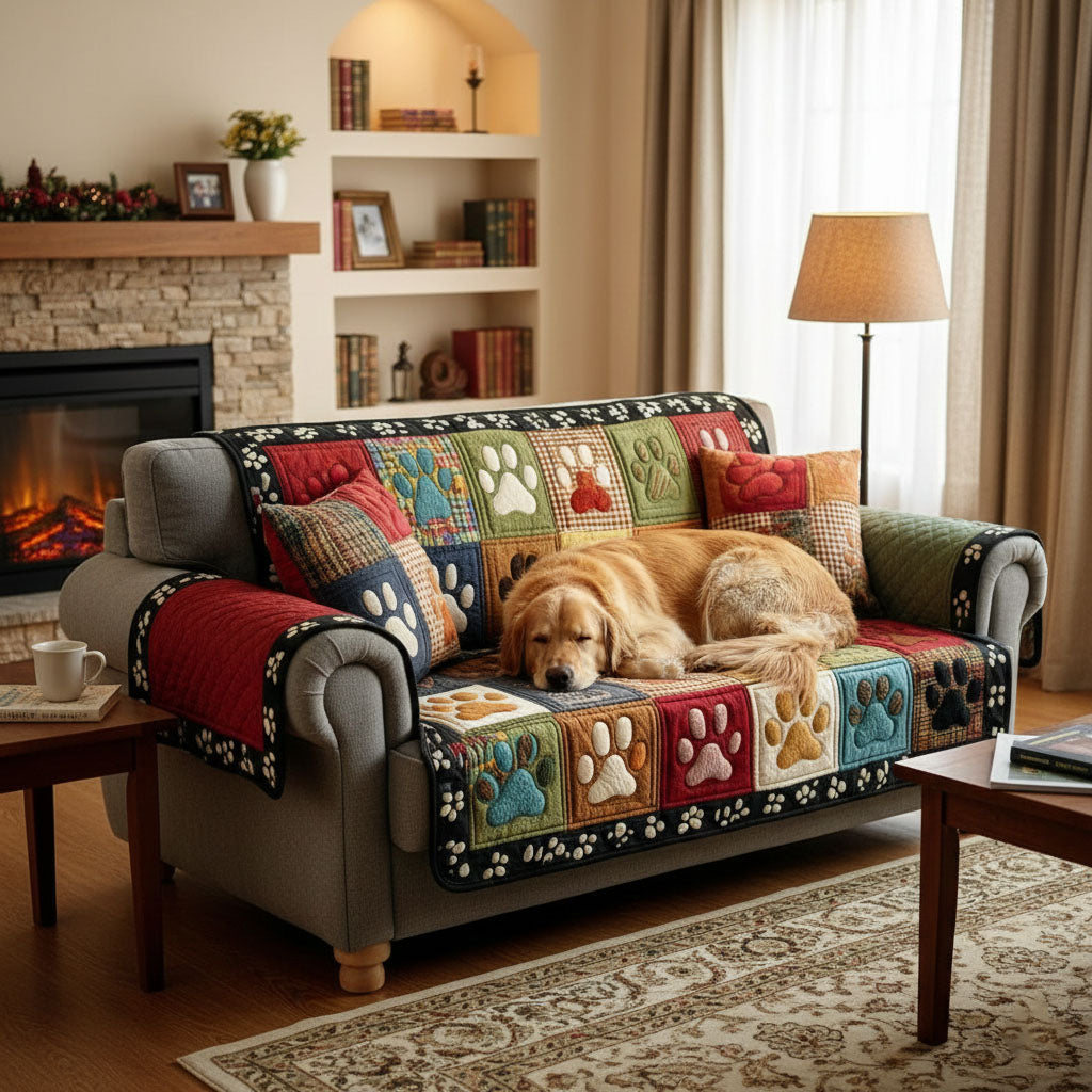 Colorful Paw Quilted Sofa Cover