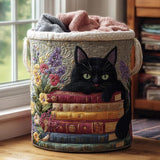 Black Cat Floral Library Quilted Laundry Basket