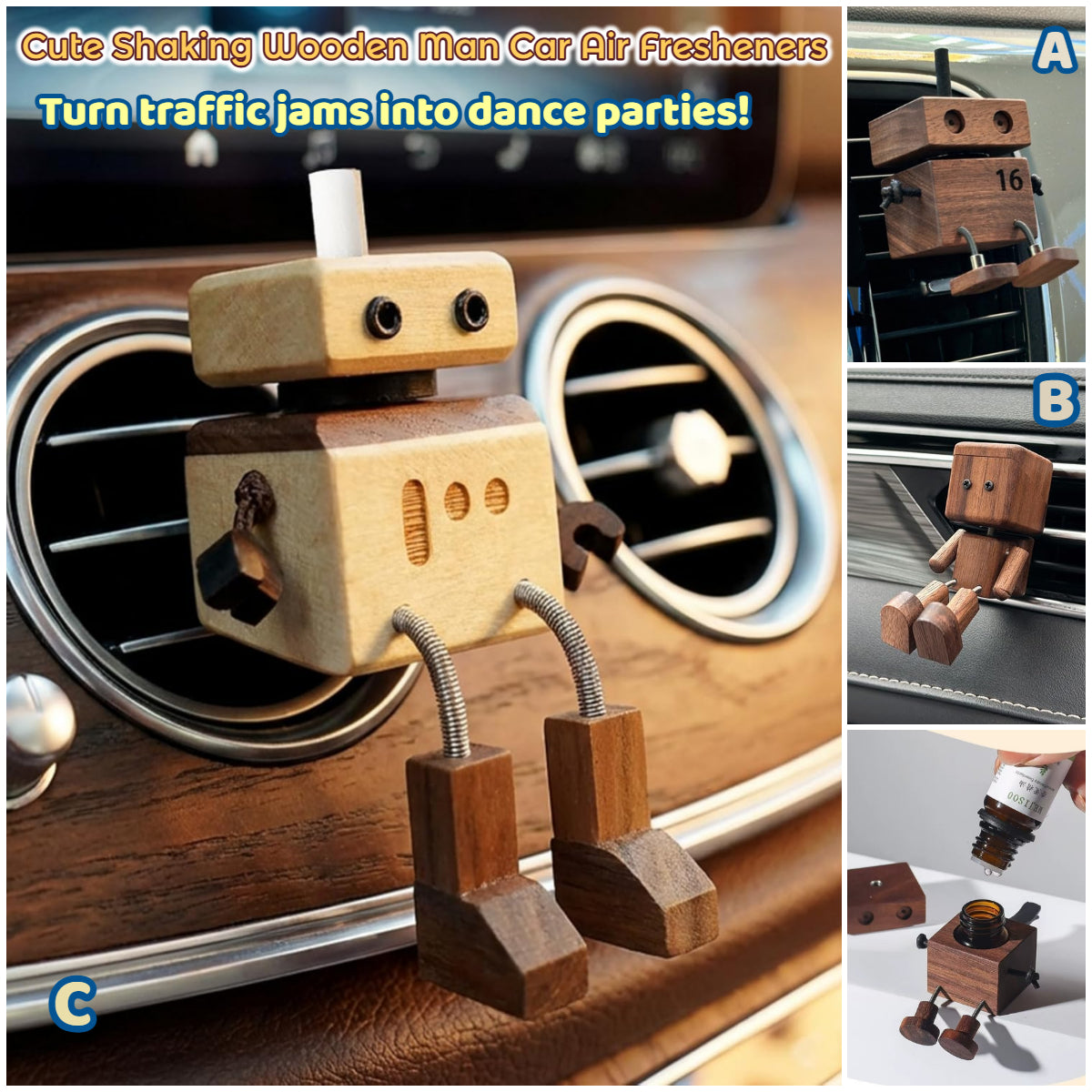 Car Air Fresheners Cute Shaking Wooden Man Figurine Diffuser (No essential oils）