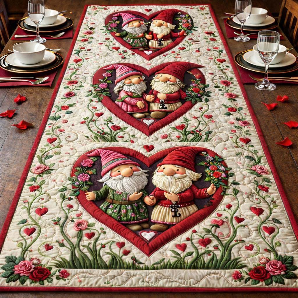 Couple Gnome Floral Heart Quilted Table Runner