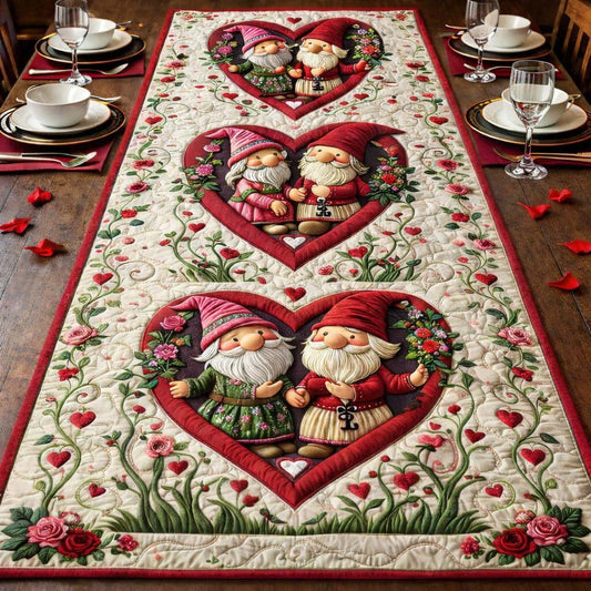 Couple Gnome Floral Heart Quilted Table Runner