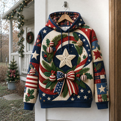 American Flag Wreath Quilted Casual Hoodie