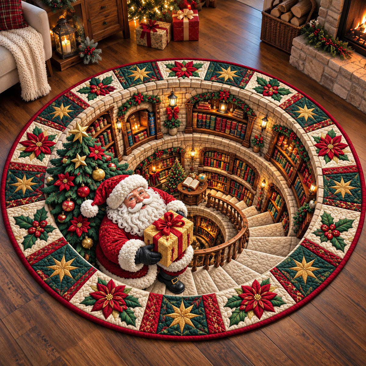 Jolly Santa Library Quilted Round Mat