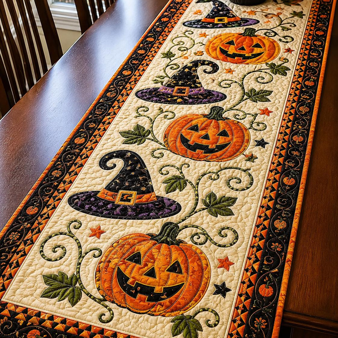 Halloween Pumpkin Witch Hat Quilted Table Runner