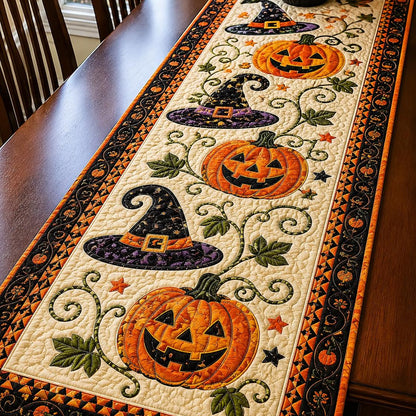 Halloween Pumpkin Witch Hat Quilted Table Runner