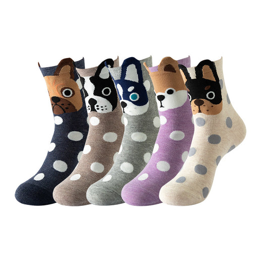 Polka Dot Dog Animal Face Socks 5 Pairs