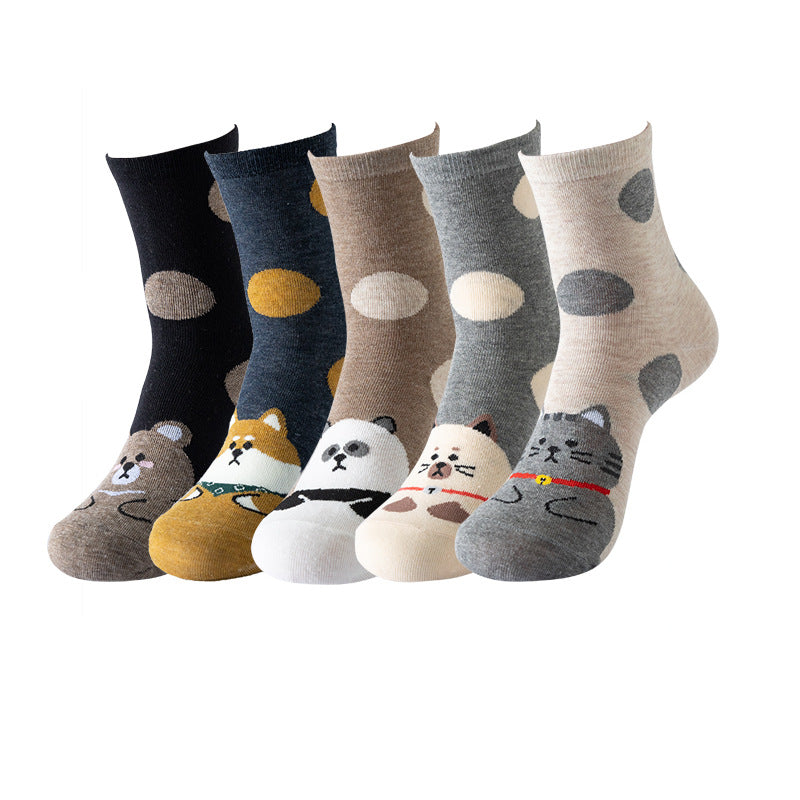 Polka Dot Bear Cat Panda Animal Face Socks 5 Pairs