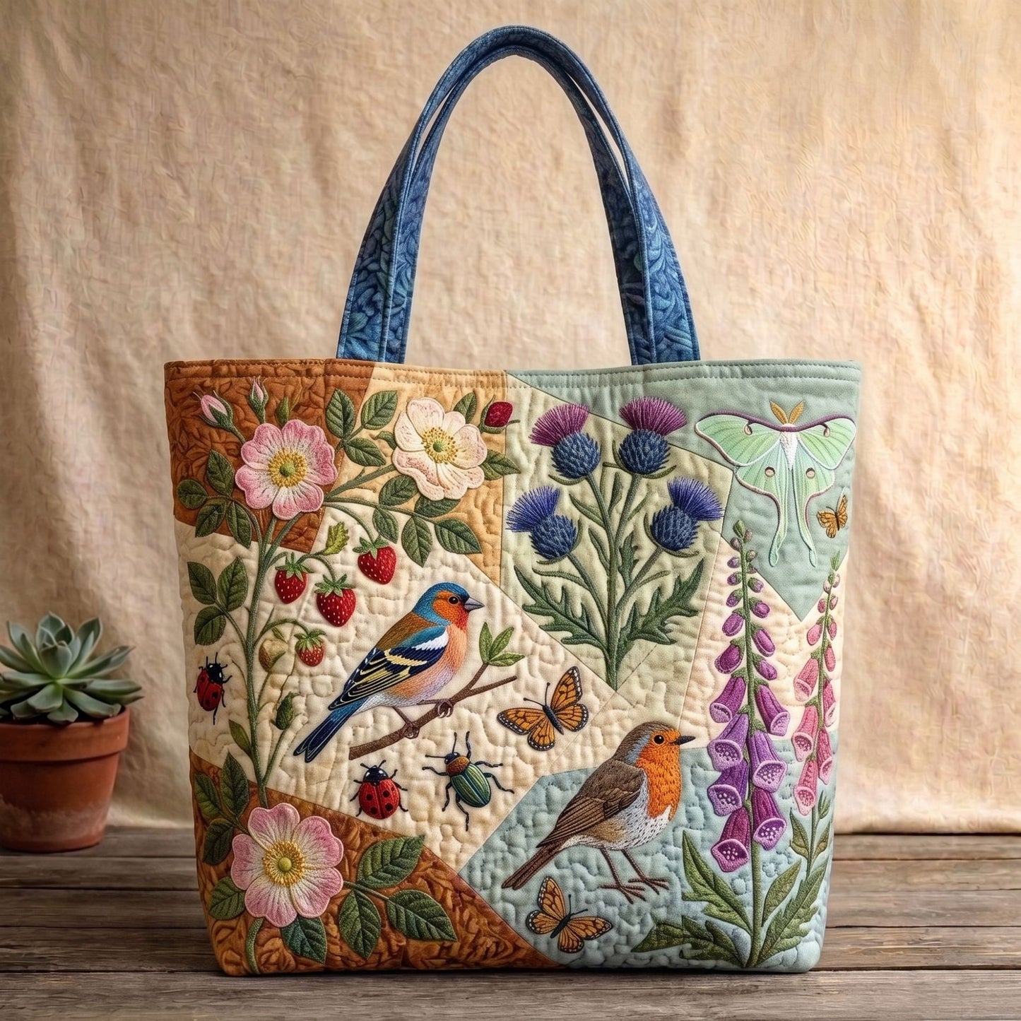 Wildflower Bird Handmade Tote Bag