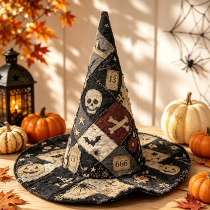 Vintage Skull Crossbone Patchwork Handcrafted Quilted Witch Hat