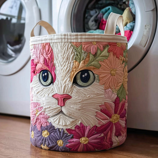 Floral White Cat Quilted Laundry Basket