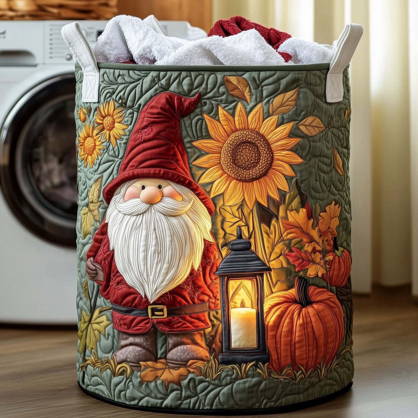 Autumn Gnome Lantern Sunflower Quilted Laundry Basket
