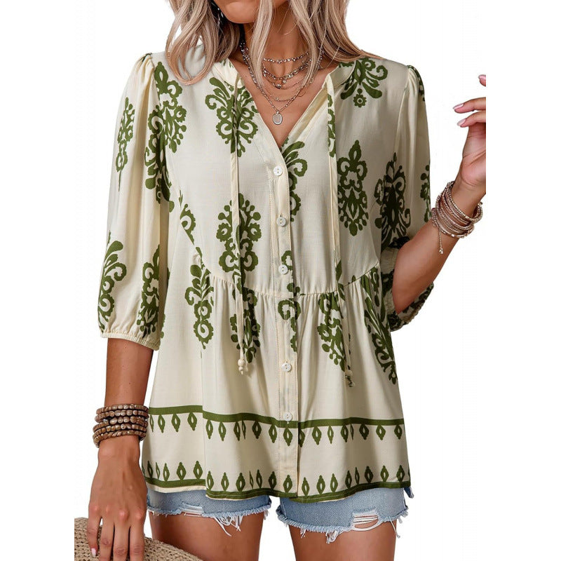 Boho Floral Button Down V Neck Blouses Shirts
