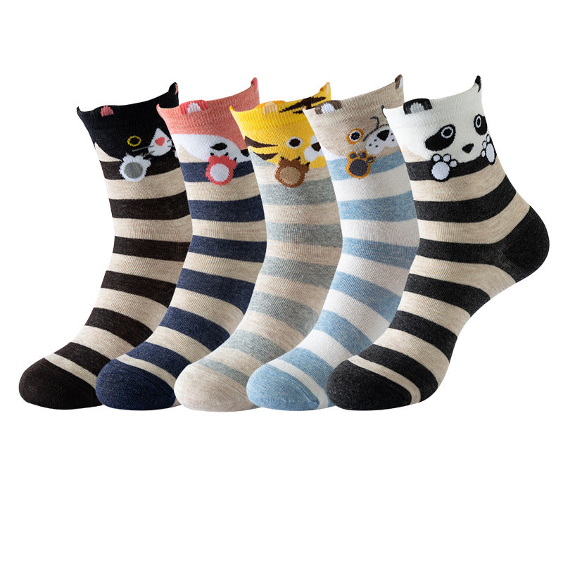 Striped Animal Face Socks 5 Pairs
