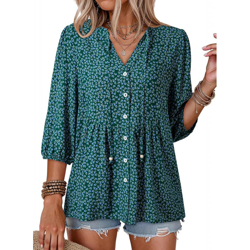 Boho Floral Button Down V Neck Blouses Shirts