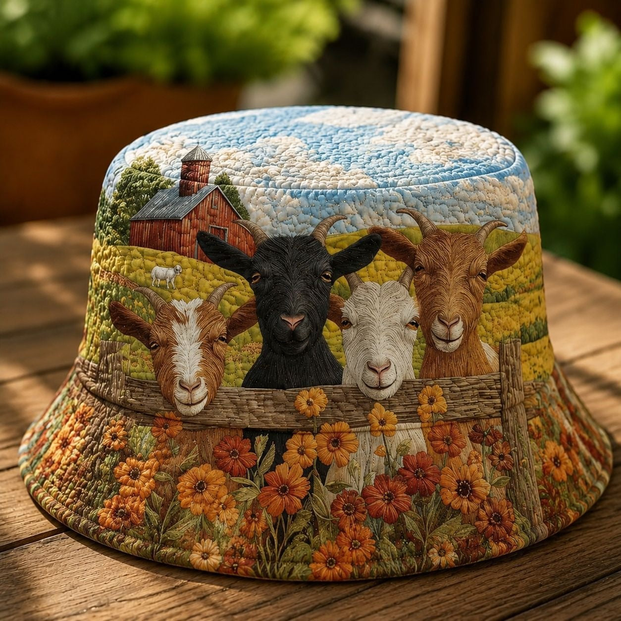 Farm Goat Country Landscape Quilted Bucket Hat