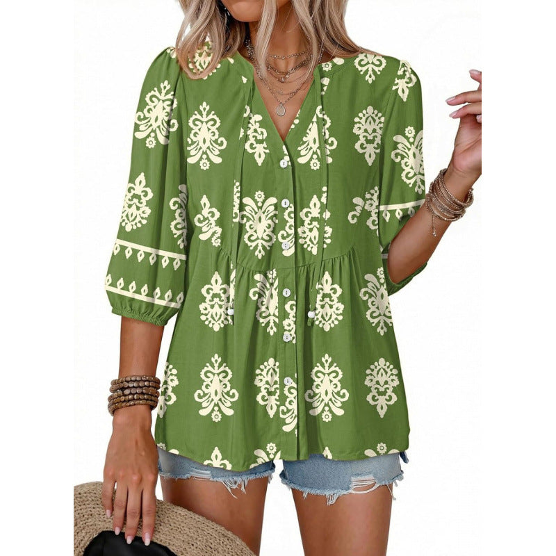 Boho Floral Button Down V Neck Blouses Shirts