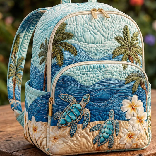 Tropical Sea Turtle Palm Tree Quilted Backpack