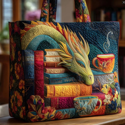 Dragon Book & Tea Cup Handmade Tote Bag