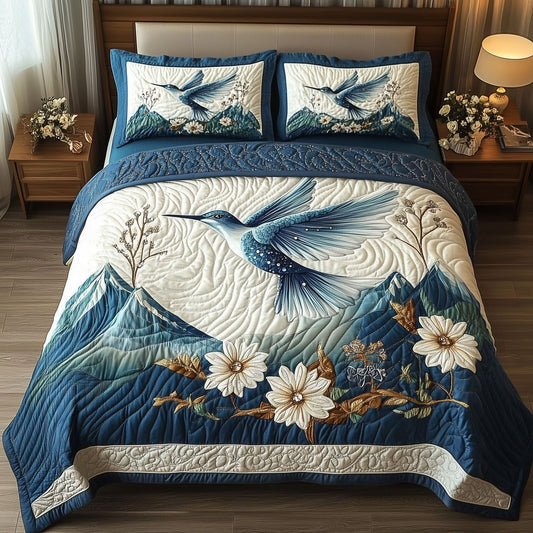 Mountain Blue Hummingbird Quilted Bedding Set