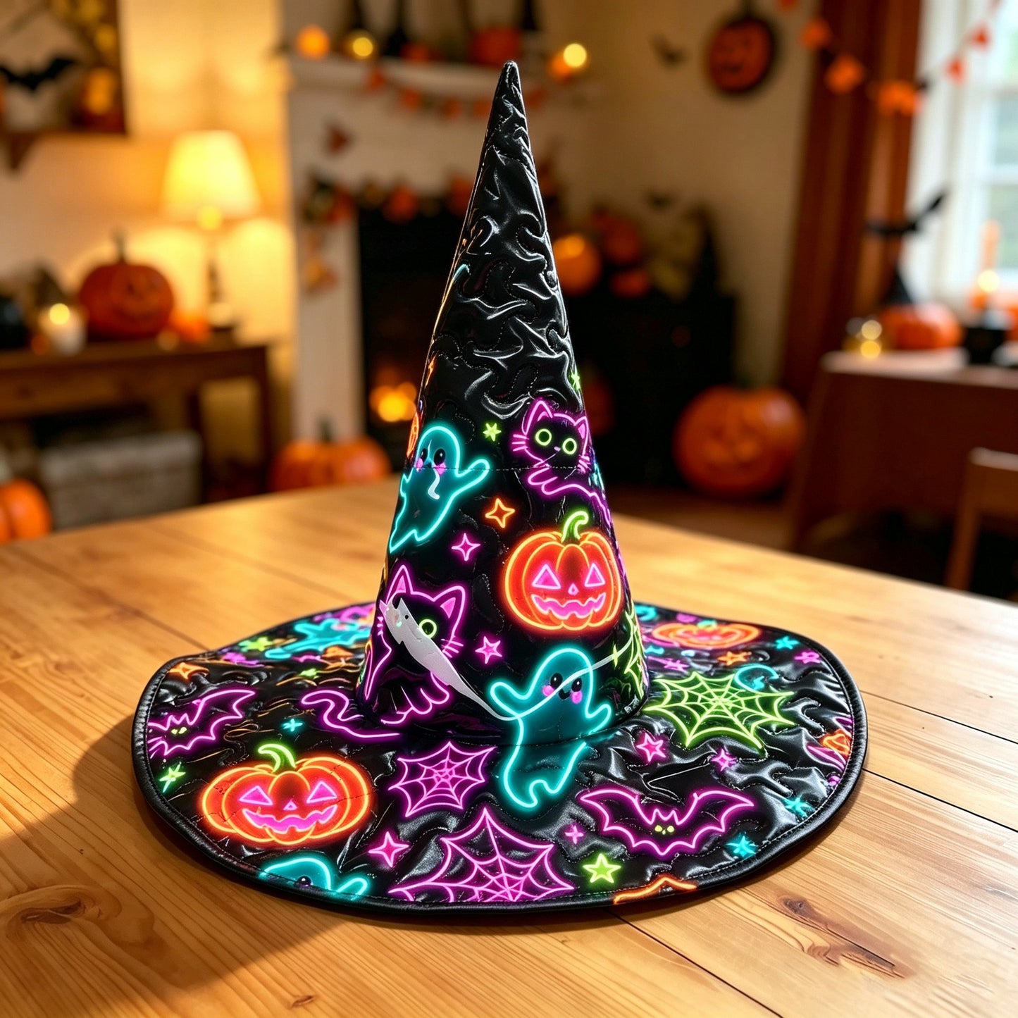 Neon Ghost Pumpkin Patchwork Handcrafted Quilted Witch Hat