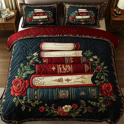 Vintage Book & Rose Quilted Bedding Set