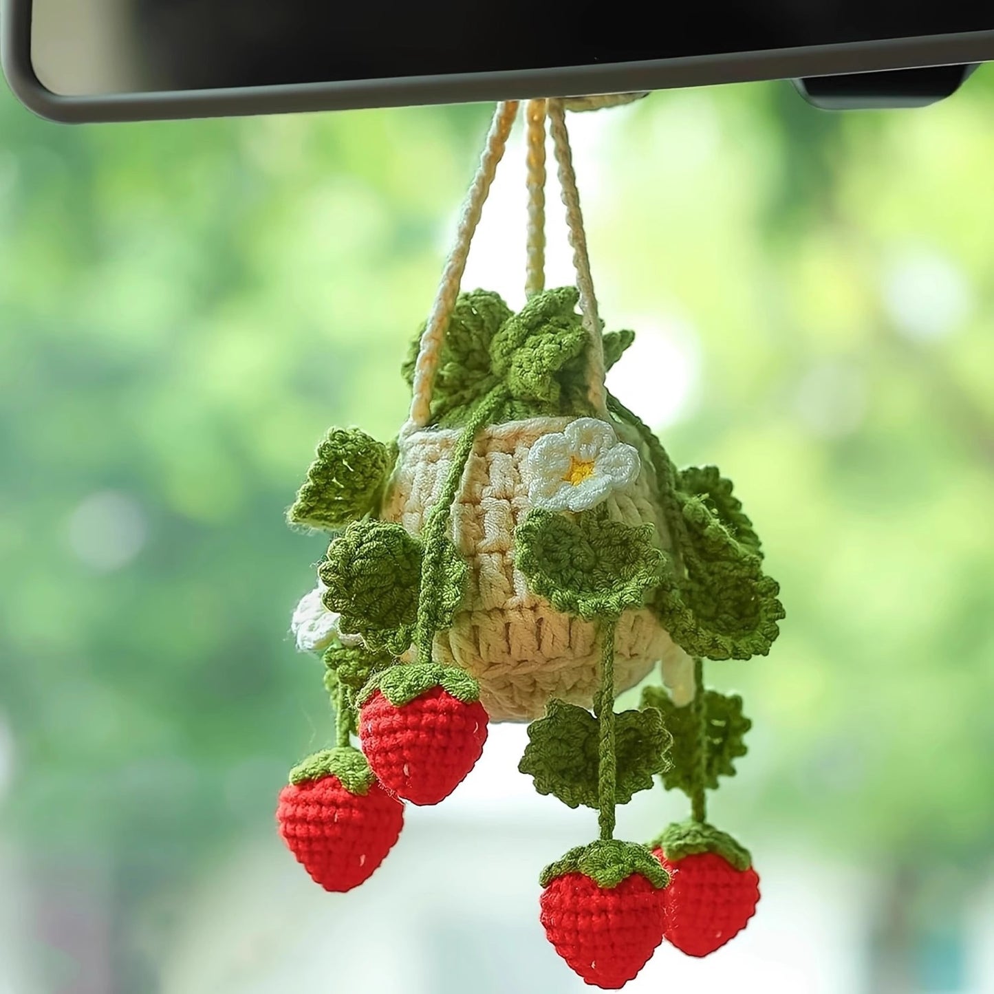 Crochet Strawberry Hanging Plant for Car Air Freshener