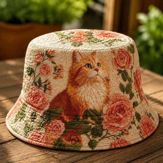 Floral Rose Ginger Cat Quilted Bucket Hat