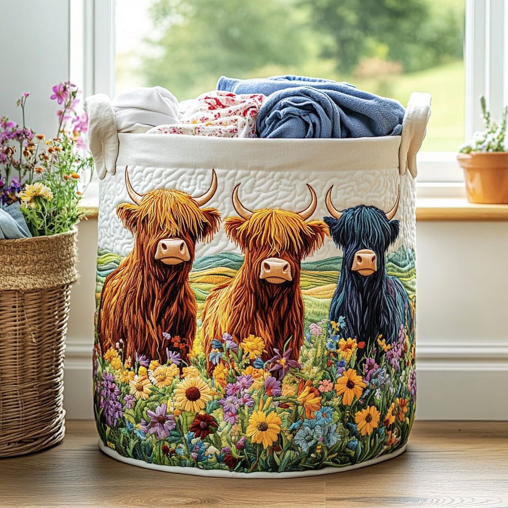 Highland Cow Wildflower Quilted Laundry Basket