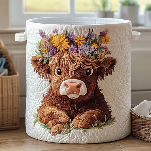 Flower Crown Highland Cow Quilted Laundry Basket