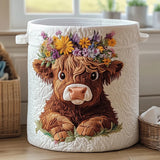 Flower Crown Highland Cow Quilted Laundry Basket