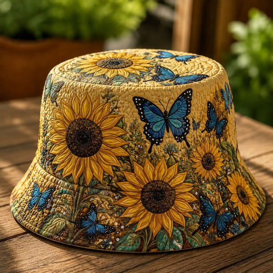 Sunflower Blue Butterfly Quilted Bucket Hat