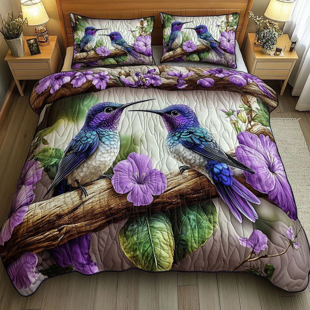 Purple Hummingbird Floral Quilted Bedding Set