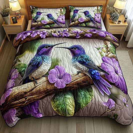 Purple Hummingbird Floral Quilted Bedding Set
