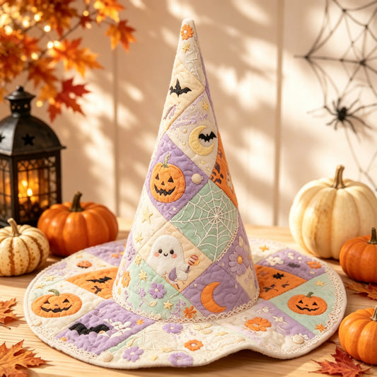 Pastel Ghost Pumpkin Patchwork Handcrafted Quilted Witch Hat