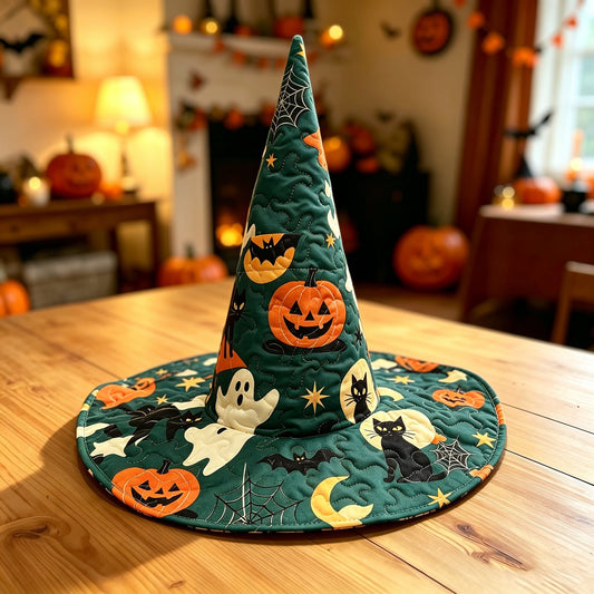 Green Pumpkin Black Cat Patchwork Handcrafted Quilted Witch Hat