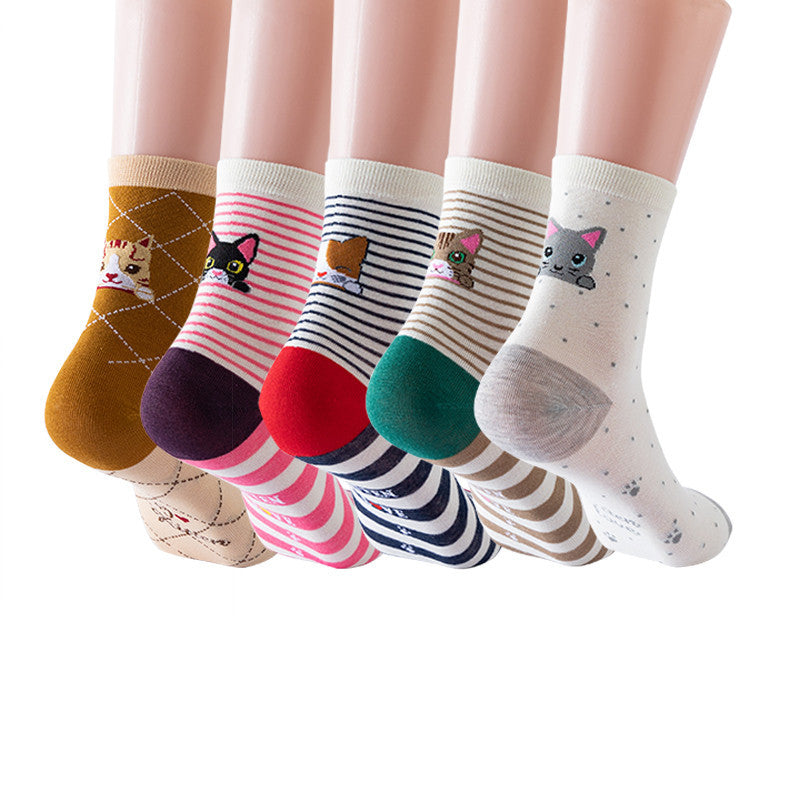 Cat Stripe Dotted Animal Face Socks 5 Pairs