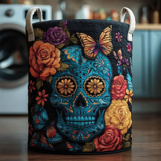 Sugar Skull Rose Butterfly Quilted Laundry Basket