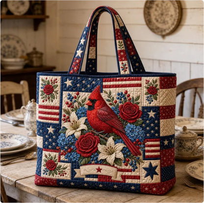 American Flag and Cardinal Floral Handmade Tote Bag