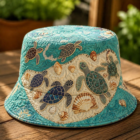 Seashell Sea Turtle Patchwork Quilted Bucket Hat