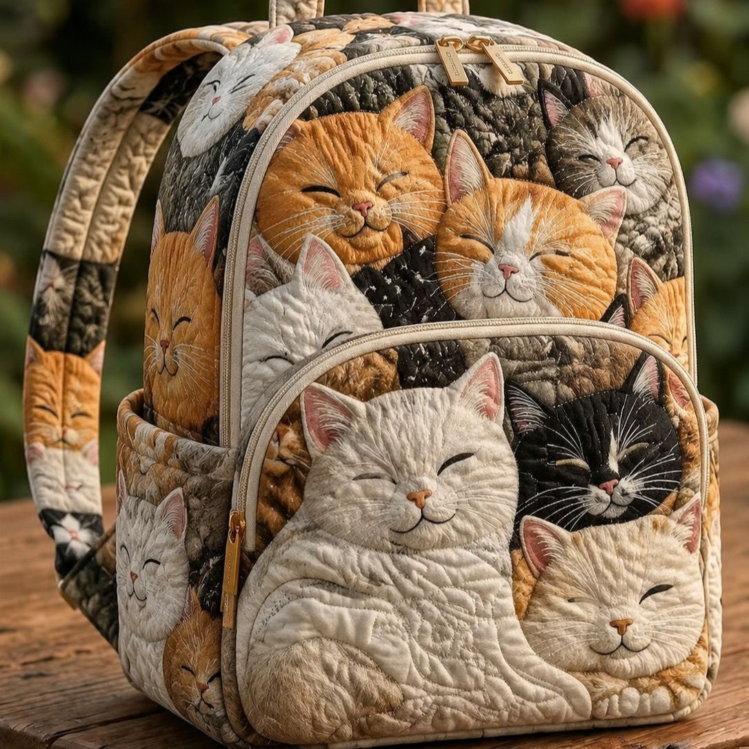Sleepy Cat Family Quilted Backpack