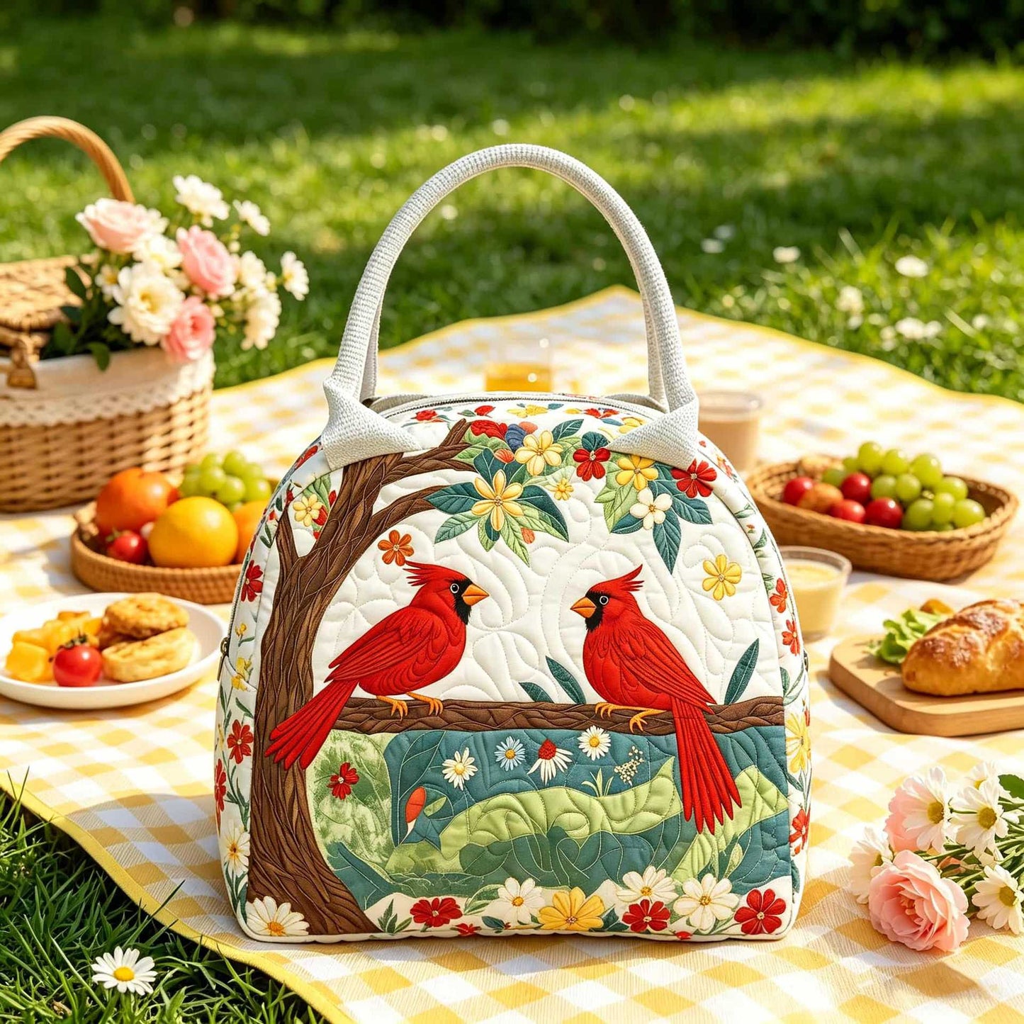 Red Cardinal Birds Quilted Lunch Bag